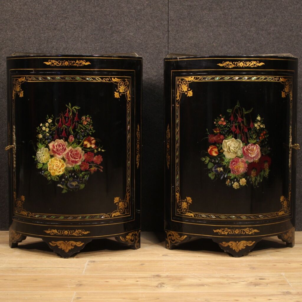 Pair of lacquered and painted French corner cabinets