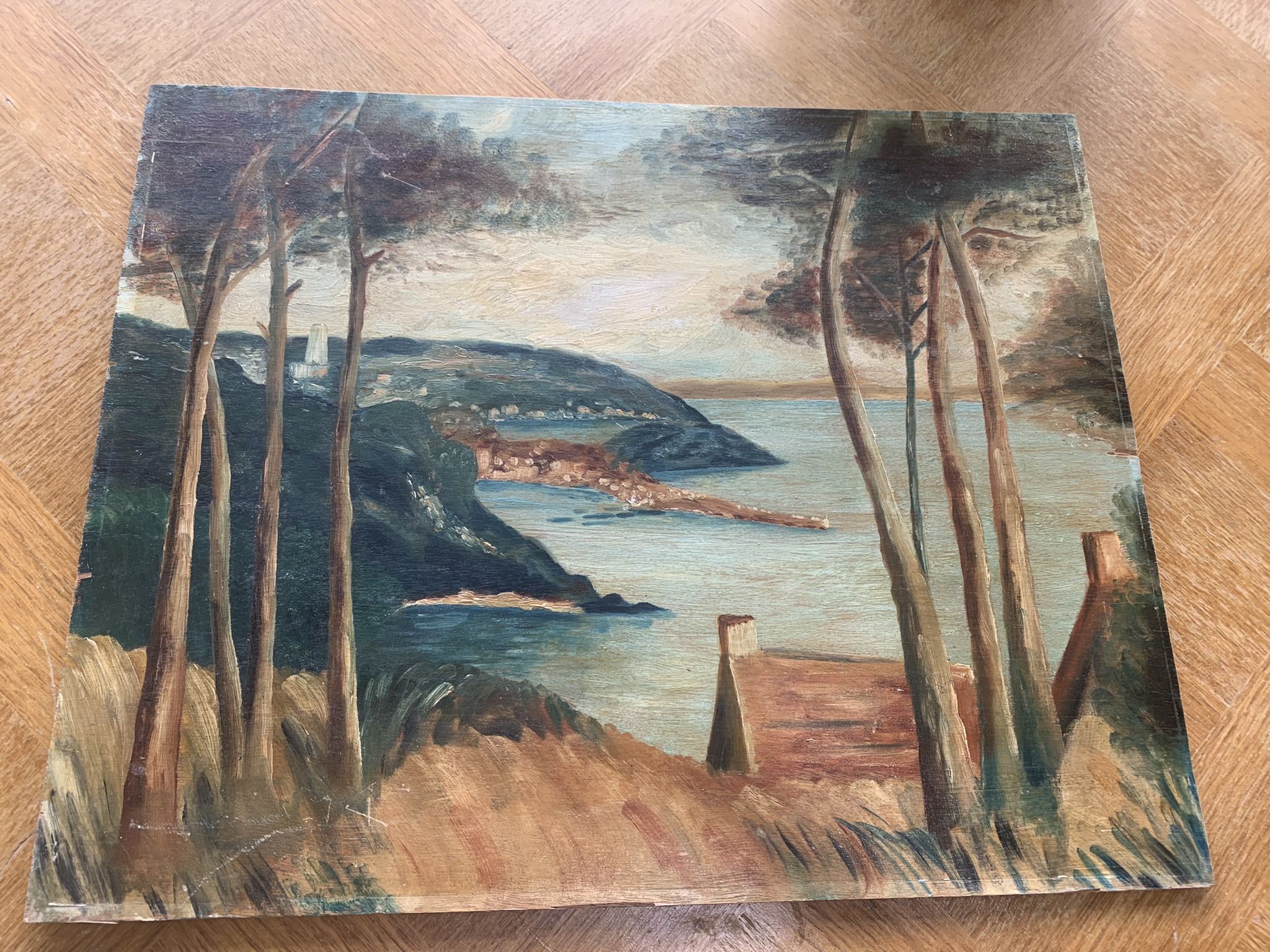 Painting on wood landscape by the water