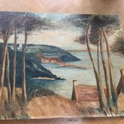 Painting on wood landscape by the water