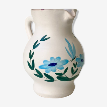 Cruche à fleurs bleu poterie du marais vintage