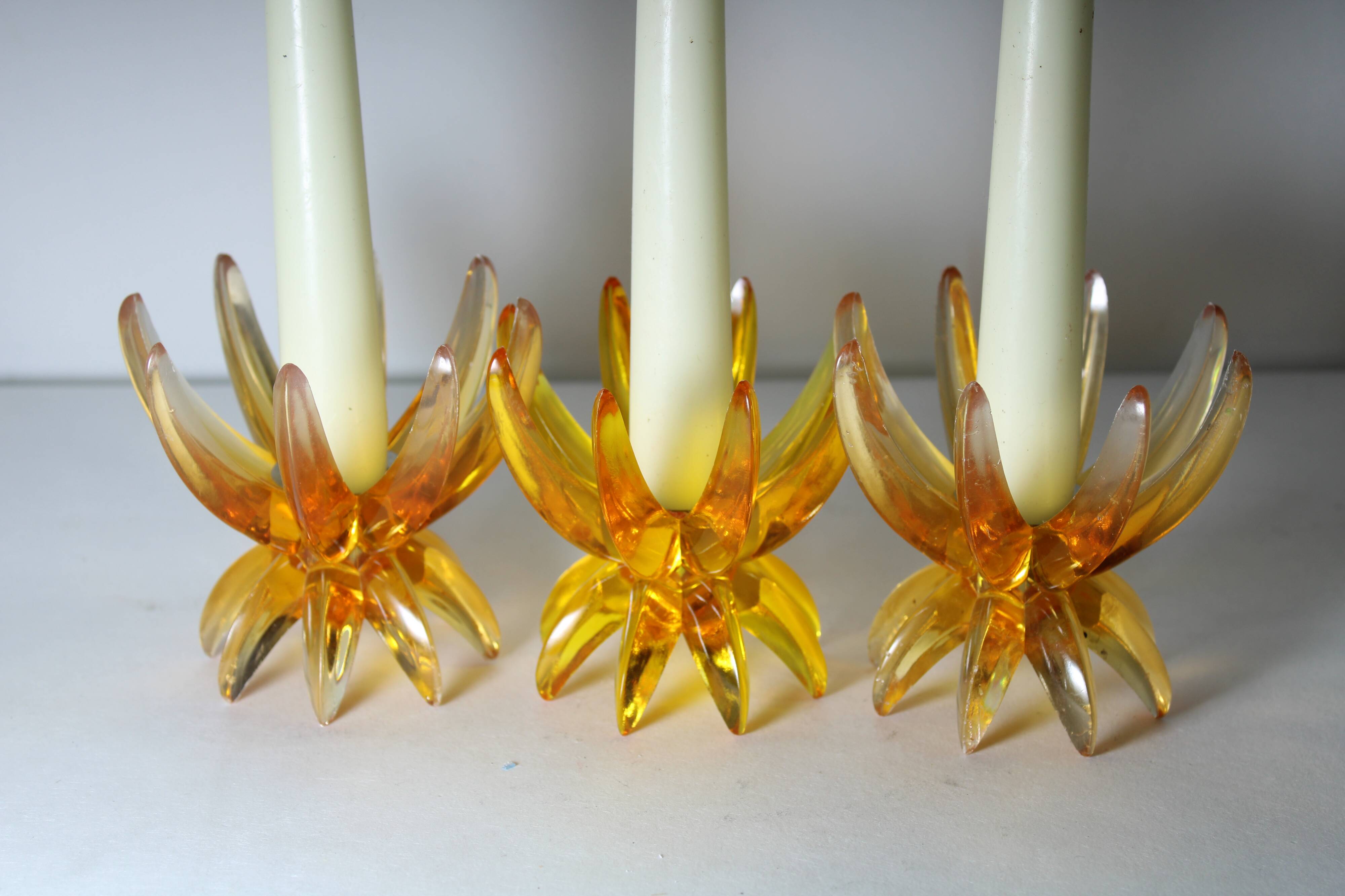 Friedel Lotus Lucite candle holders Germany 1960 x3