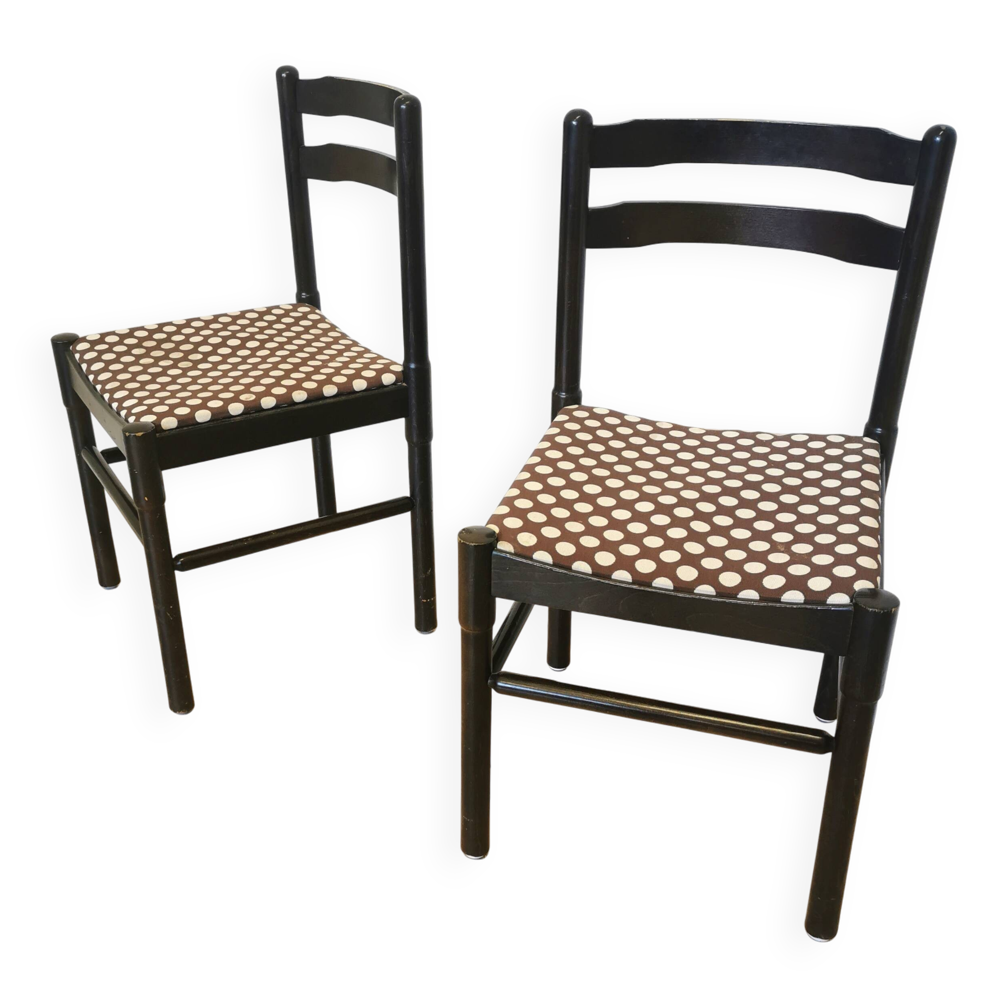 Set of 2 Vintage Wooden Dining Chairs: Brown & White Polka Dot Fabric 80s