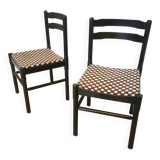 Set of 2 Vintage Wooden Dining Chairs: Brown & White Polka Dot Fabric 80s