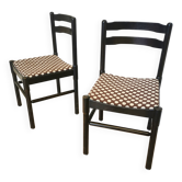 Set of 2 Vintage Wooden Dining Chairs: Brown & White Polka Dot Fabric 80s