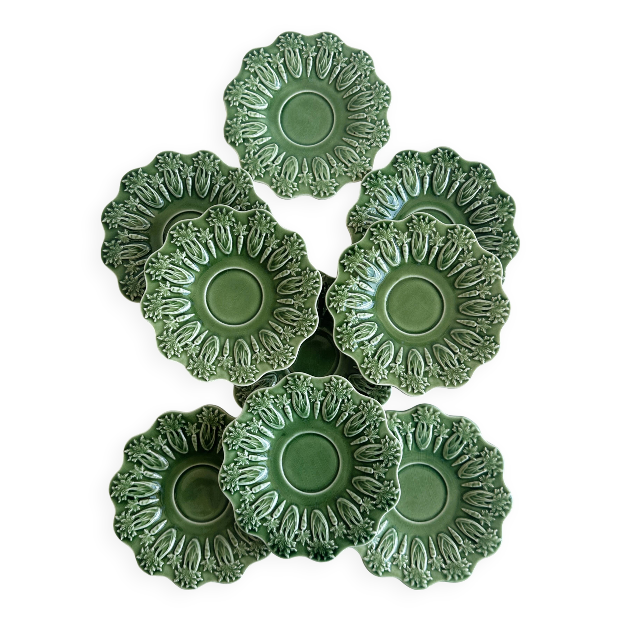 Set of 9 small old green earthenware plates
