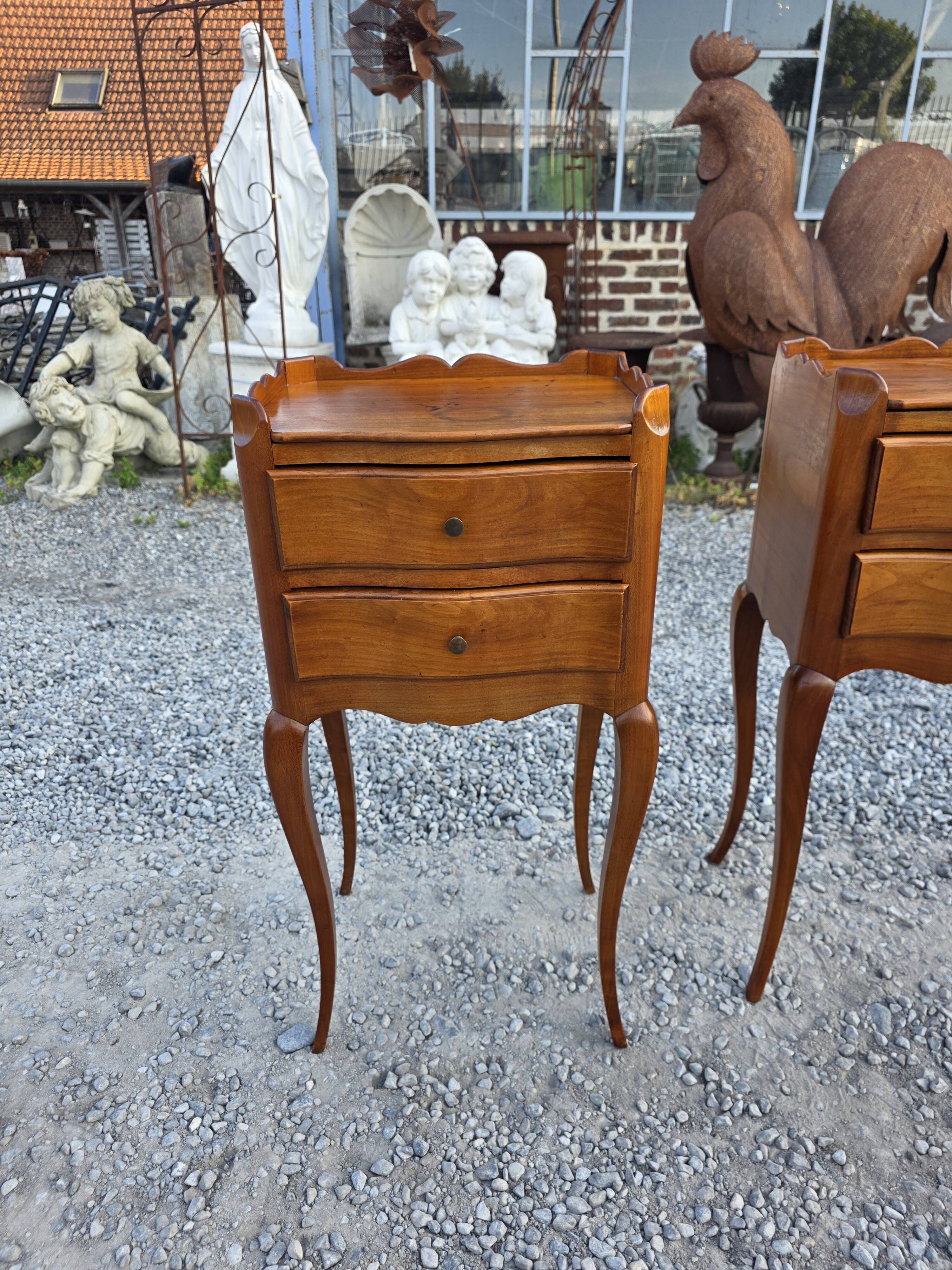 Pair of Louis XV style bedside tables in solid cherry wood.