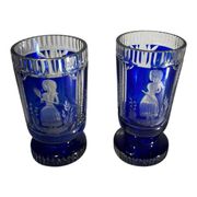 Bohemian crystal, set of 2 cobalt blue cut double glasses, ca 1900