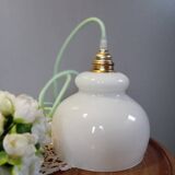 Lampe baladeuse opaline blanche vintage, cordon vert menthe