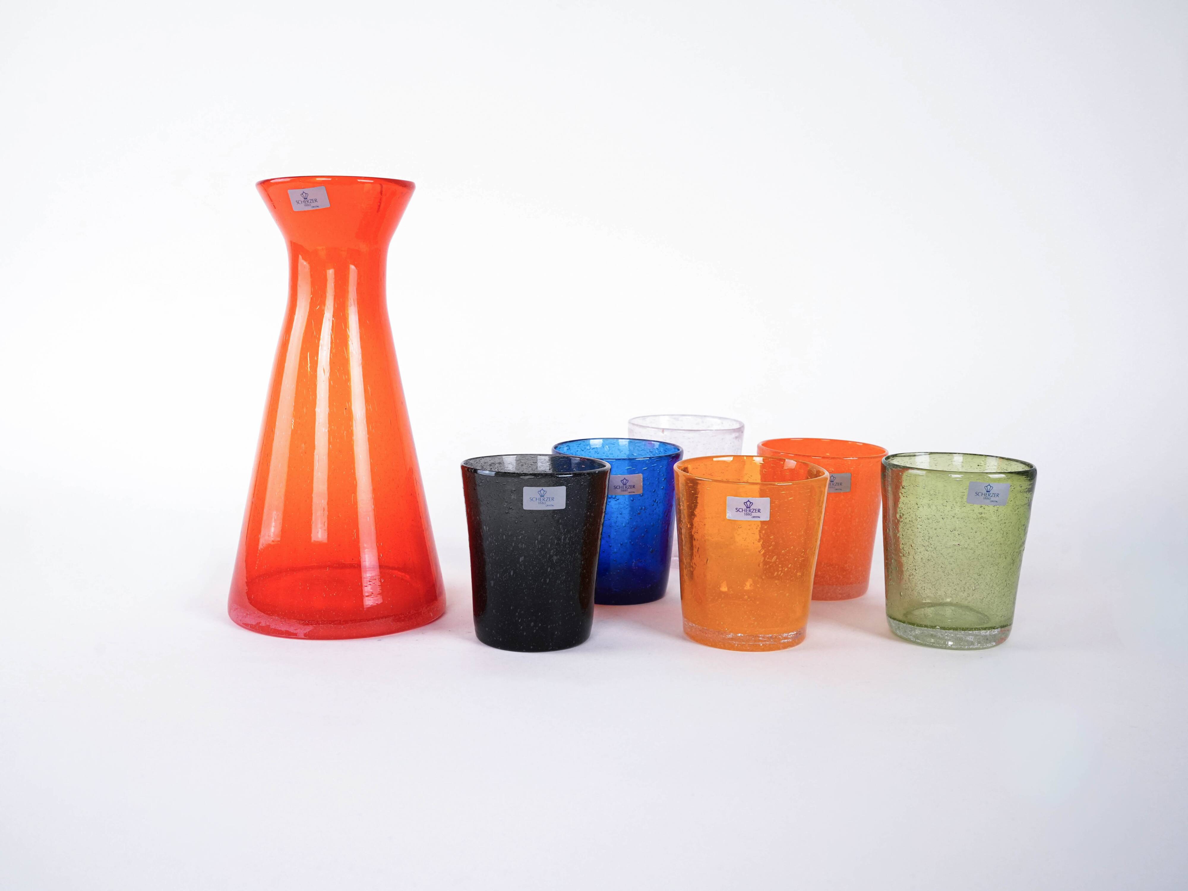 Colourful set of glasses and carafe, Scherzer Bavaria, 1980s, made in Germa