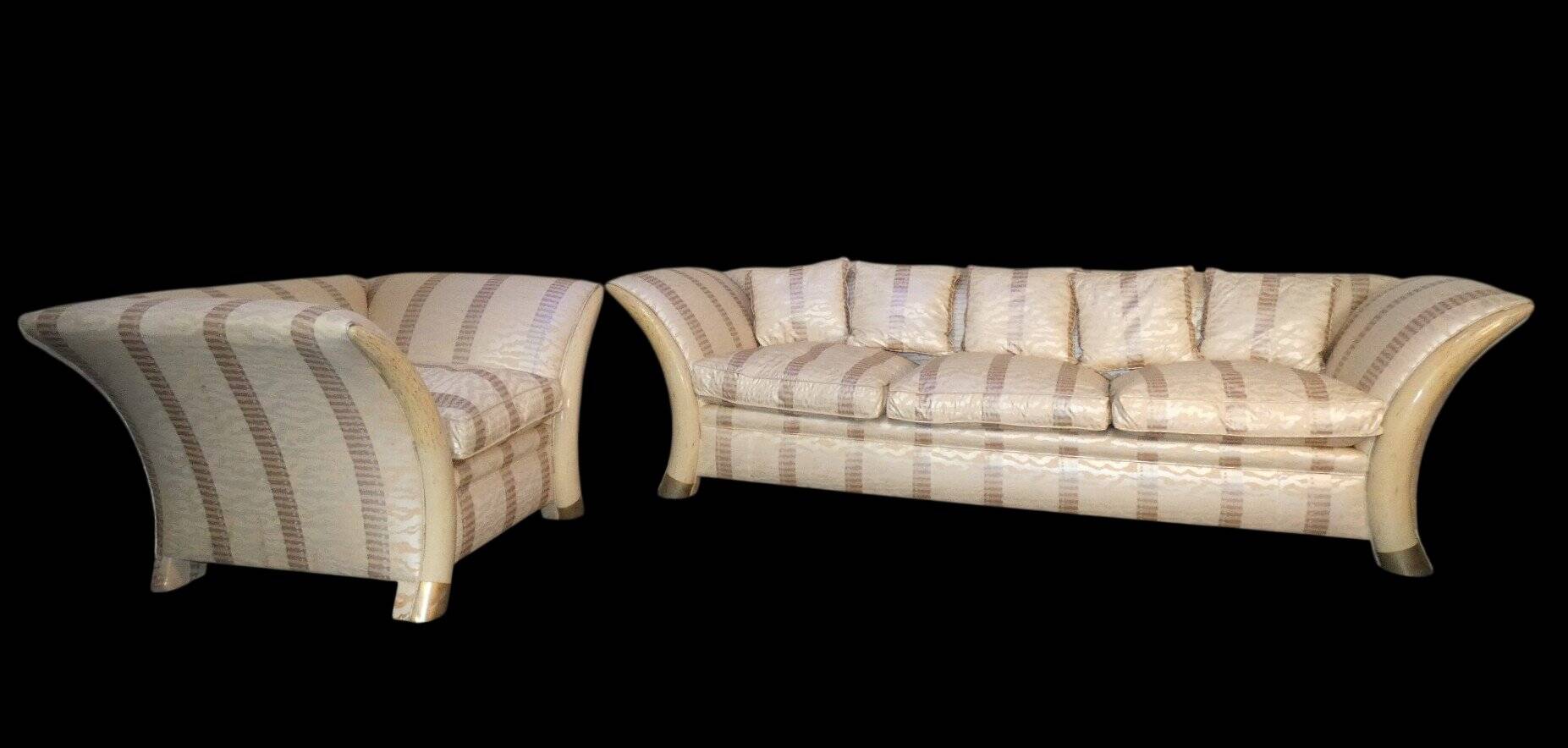 Sofa and armchair in colonial style with saber legs in resin, Italy, 1970s.