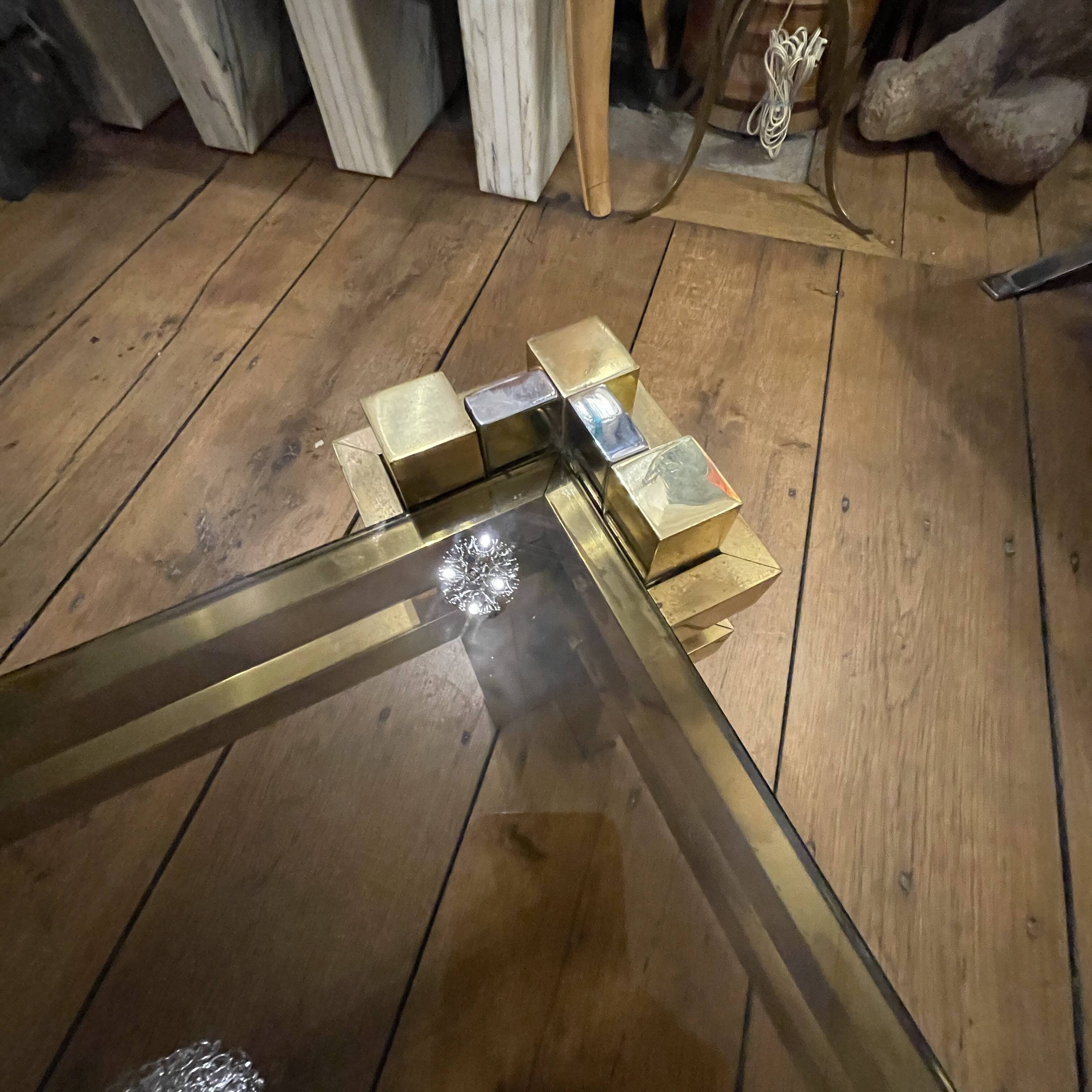 Vintage Romeo Rega coffee table, smoked glass, brass and chrome metal, Hollywood Regency design 1970s