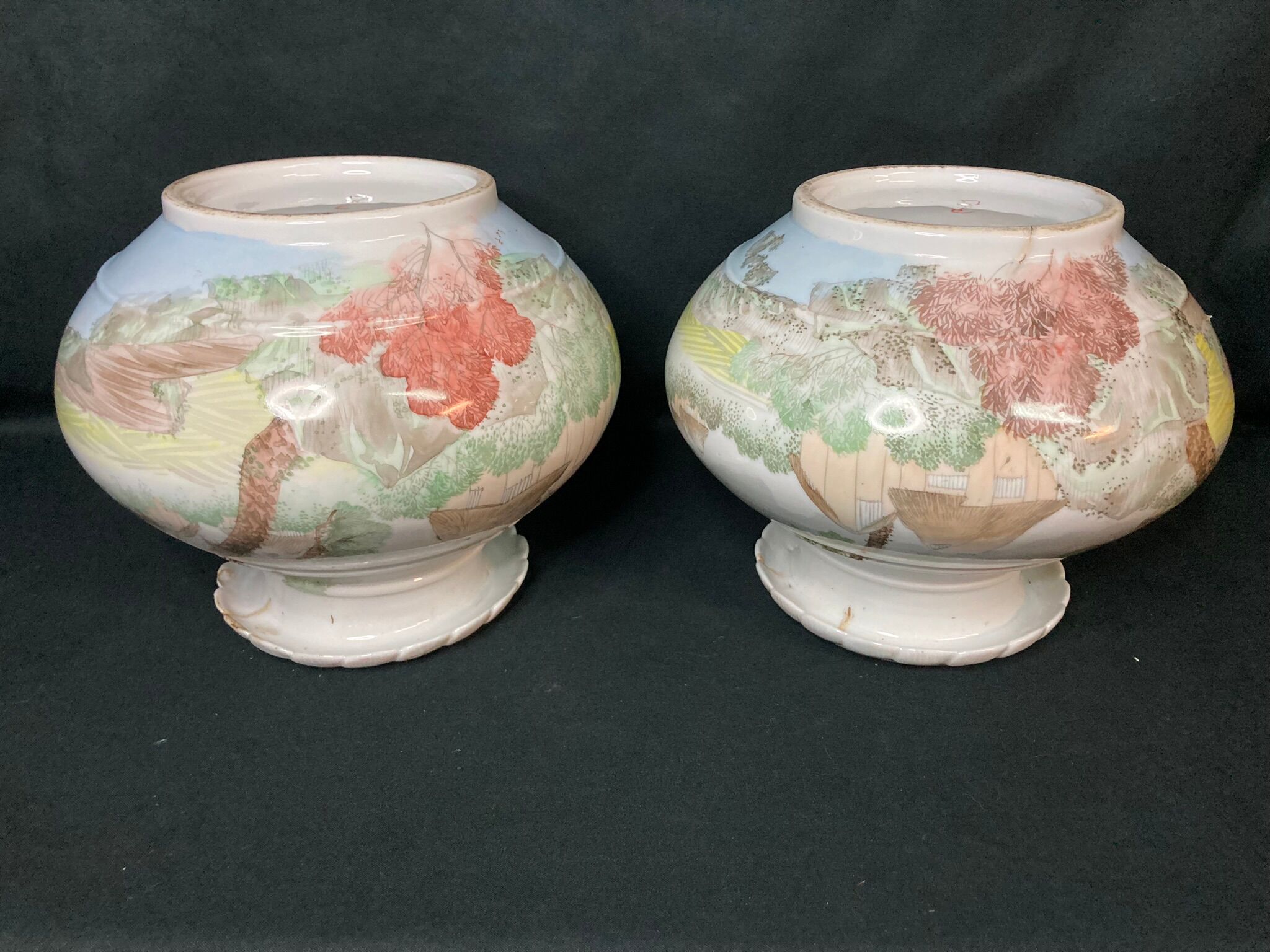 Pair of porcelain ball vases with cottage decor, late 19th century