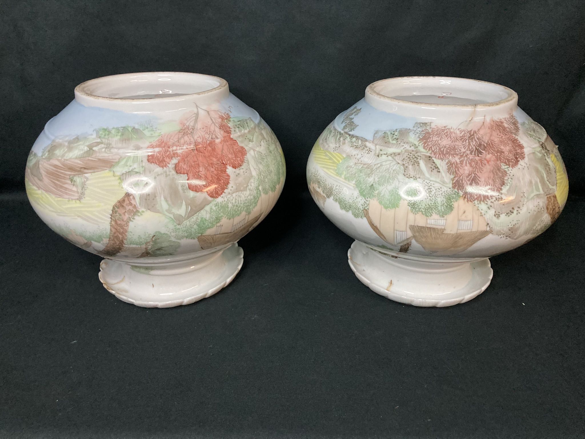 Pair of porcelain ball vases with cottage decor, late 19th century