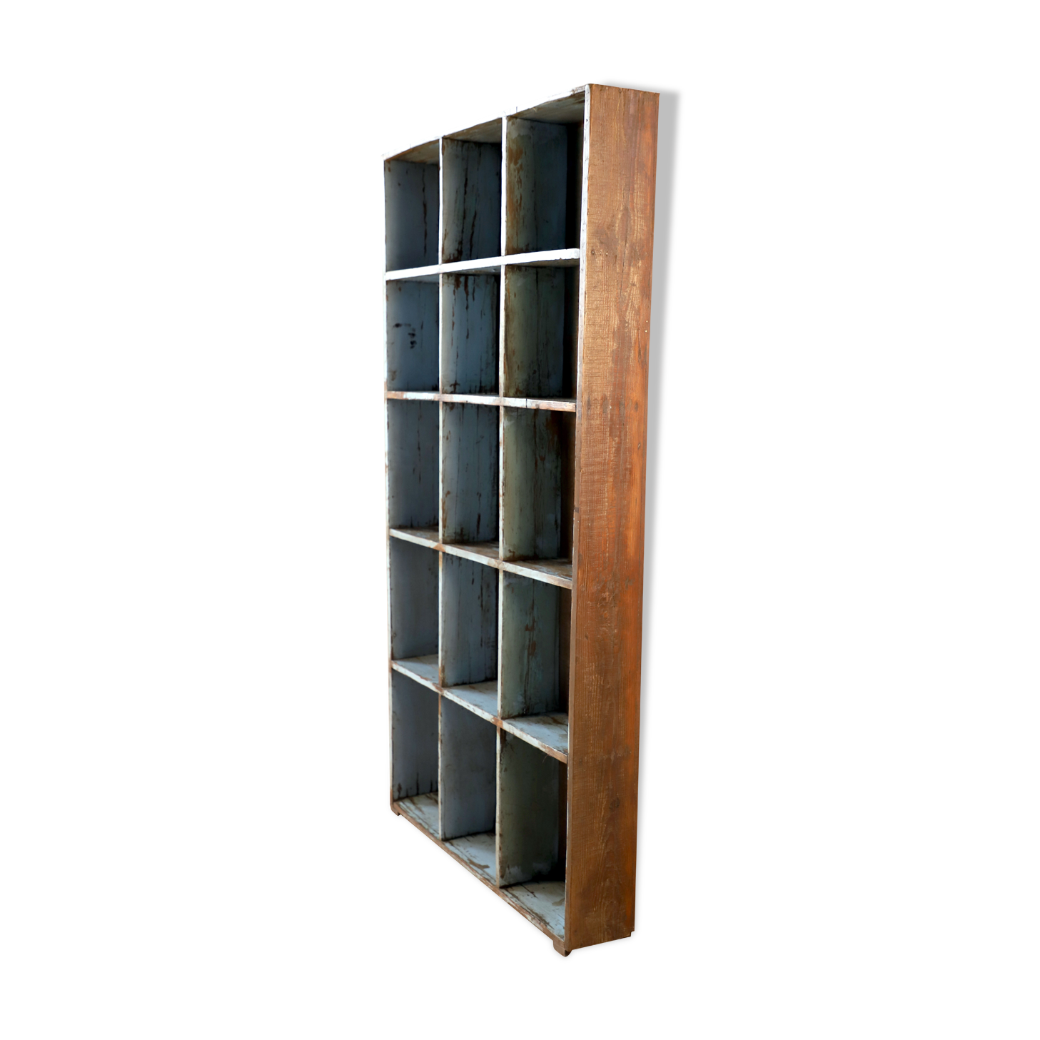 Bookcase - shelf 15 Burmese teak lockers with blue inner patina blue blue interior