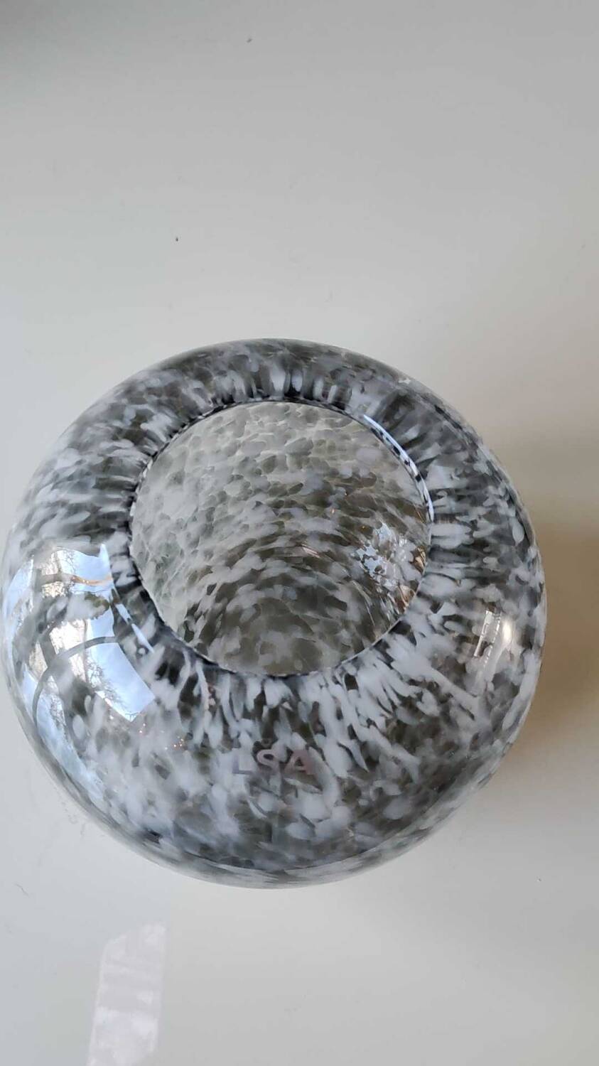 Spherical/ball vase in blown art glass. lsa international. smoked gray speckled white. size 14 x 15 cm