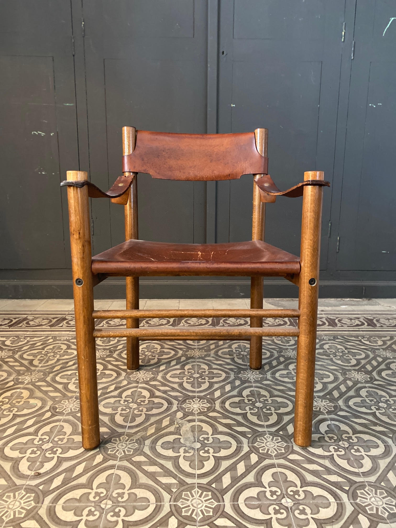 "Ibisco" armchair, wooden and leather Italy 1960