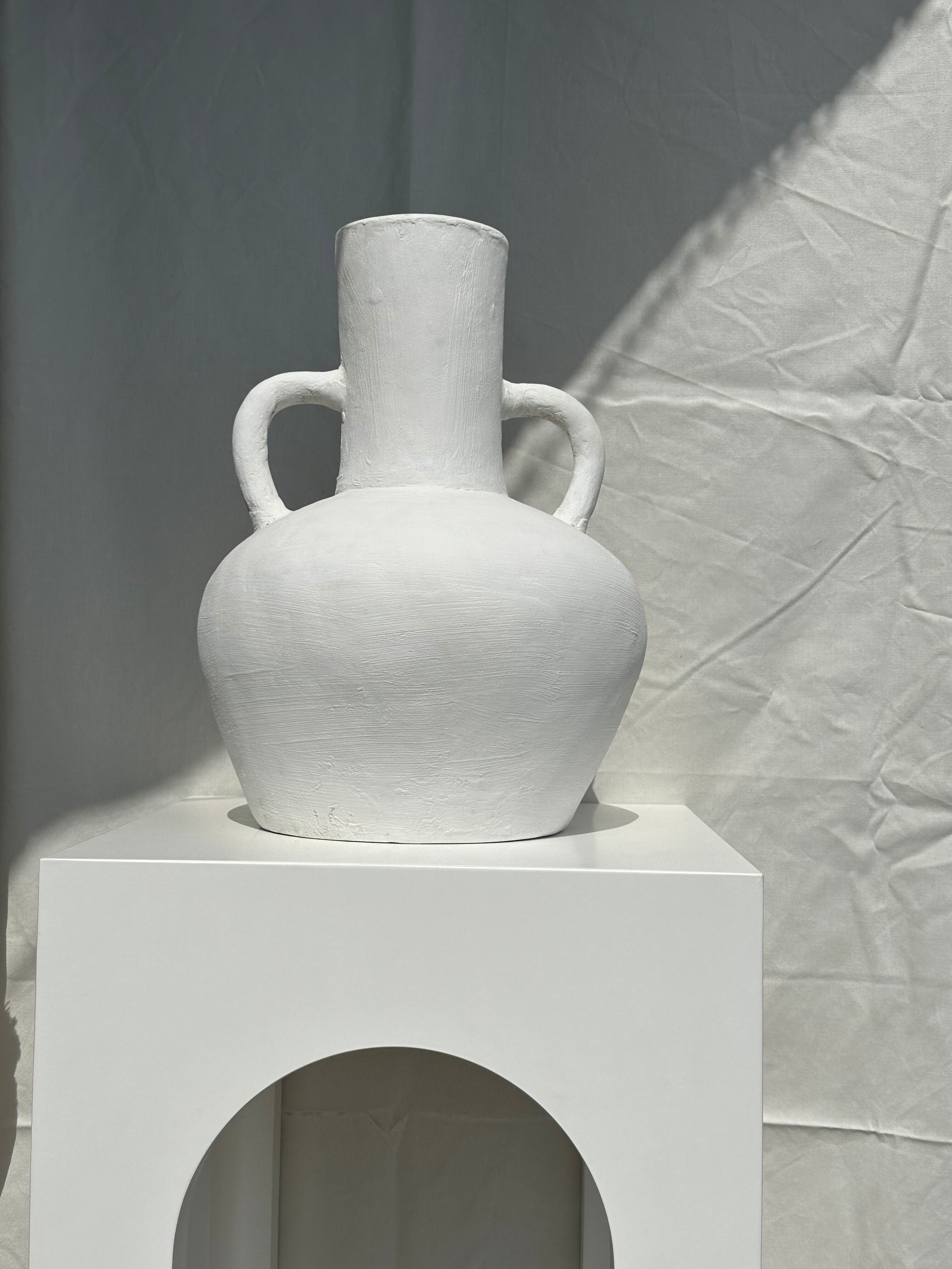 Handcrafted terracotta vase painted white with double handles h:40 d:30