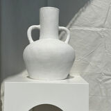 Handcrafted terracotta vase painted white with double handles h:40 d:30