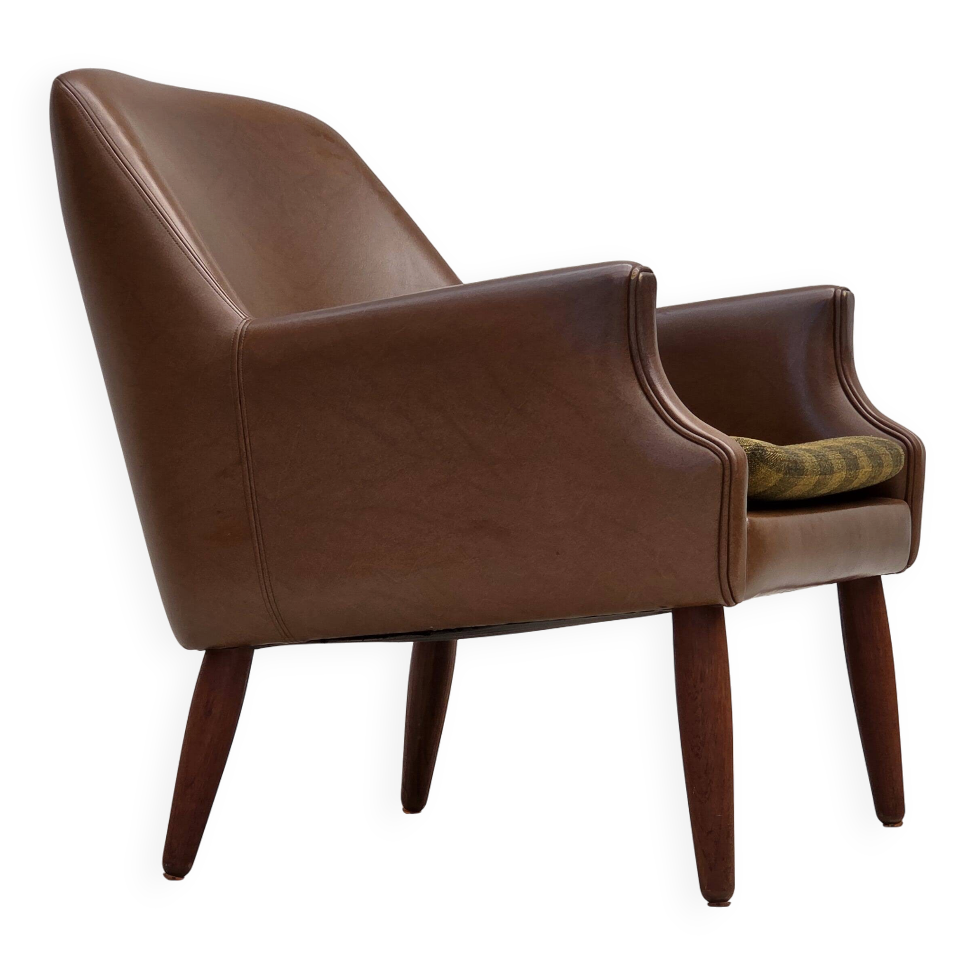 1970s, Danish armchair, artificial leather, teak wood legs.