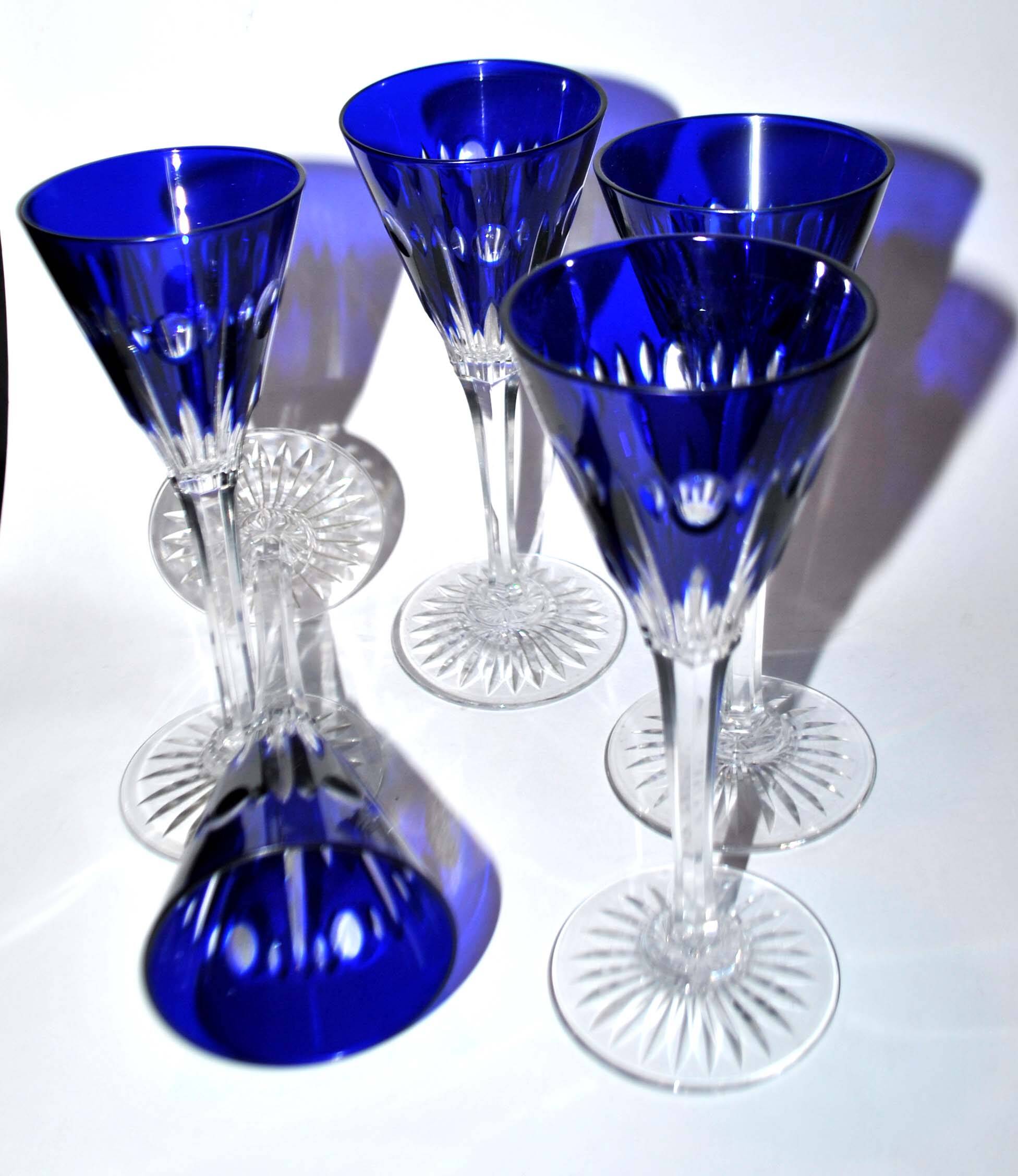 Set of 5 Roemers Nelly glasses in cut crystal from Saint-Louis, cobalt blue color, 1930