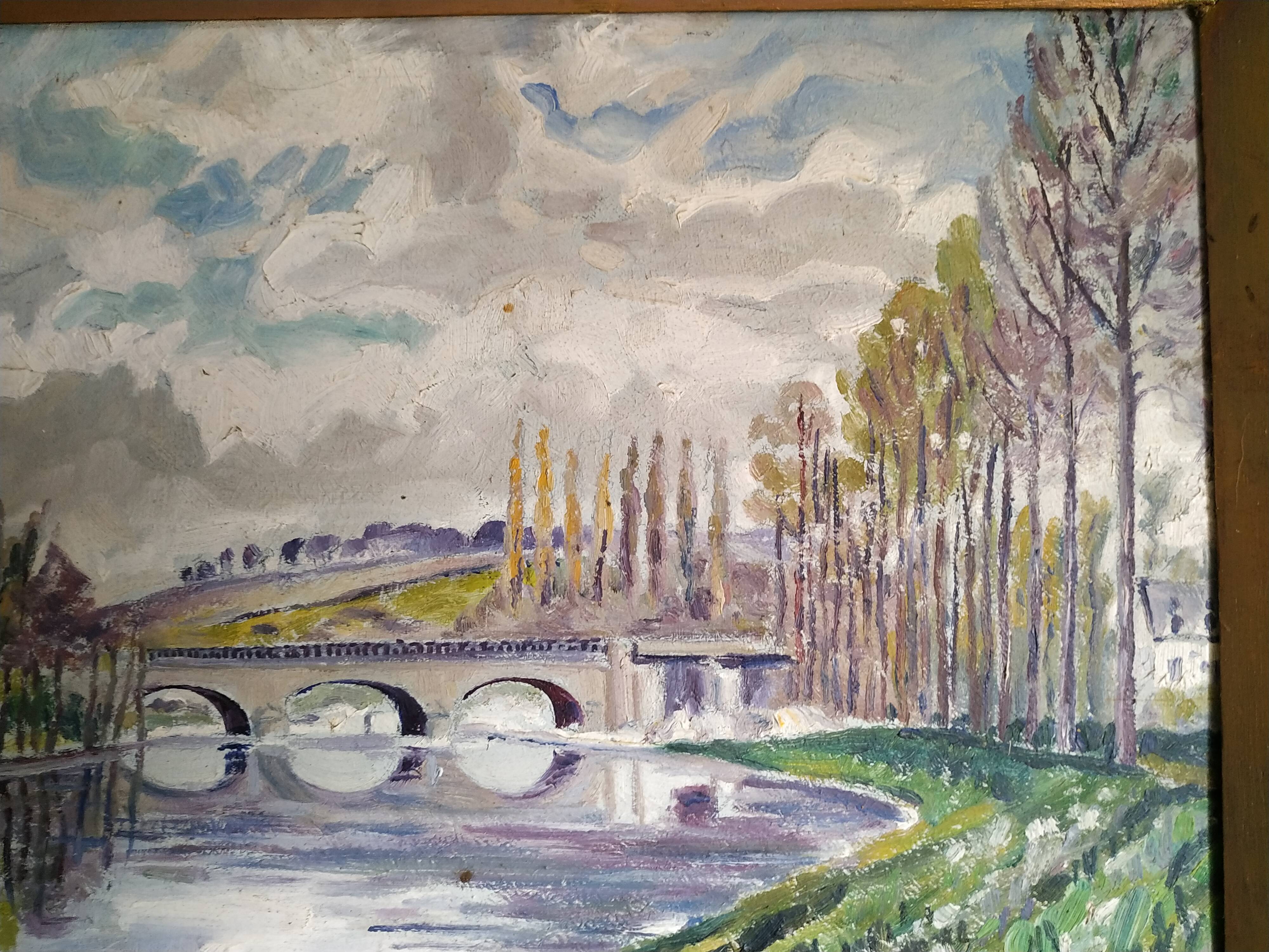 Huile sur panneau l'eau coule sous les ponts