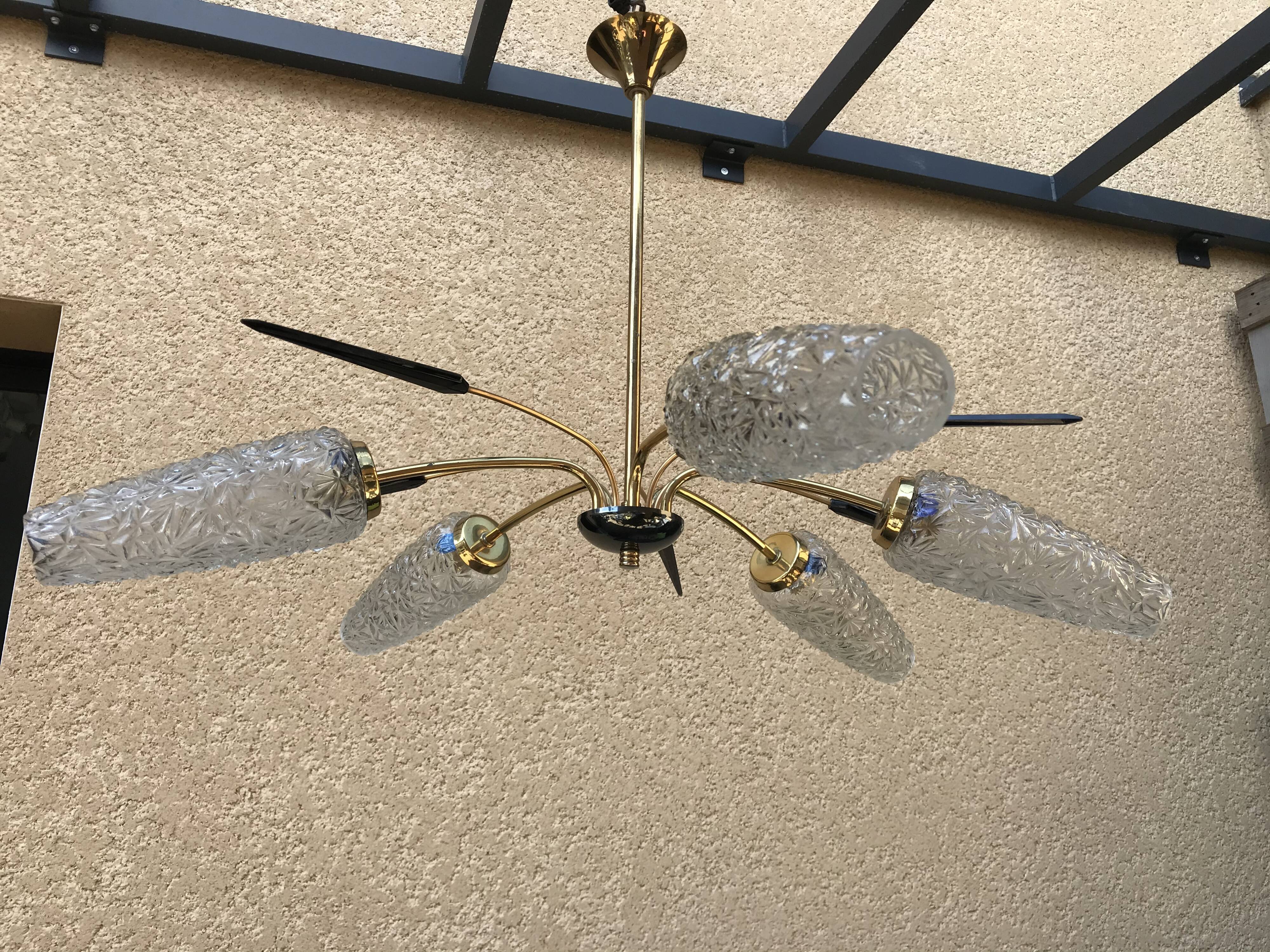 Brass and moulded glass chandelier