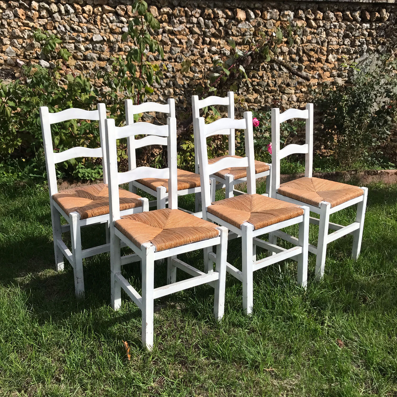 6 chaises blanches en bois assises paillées
