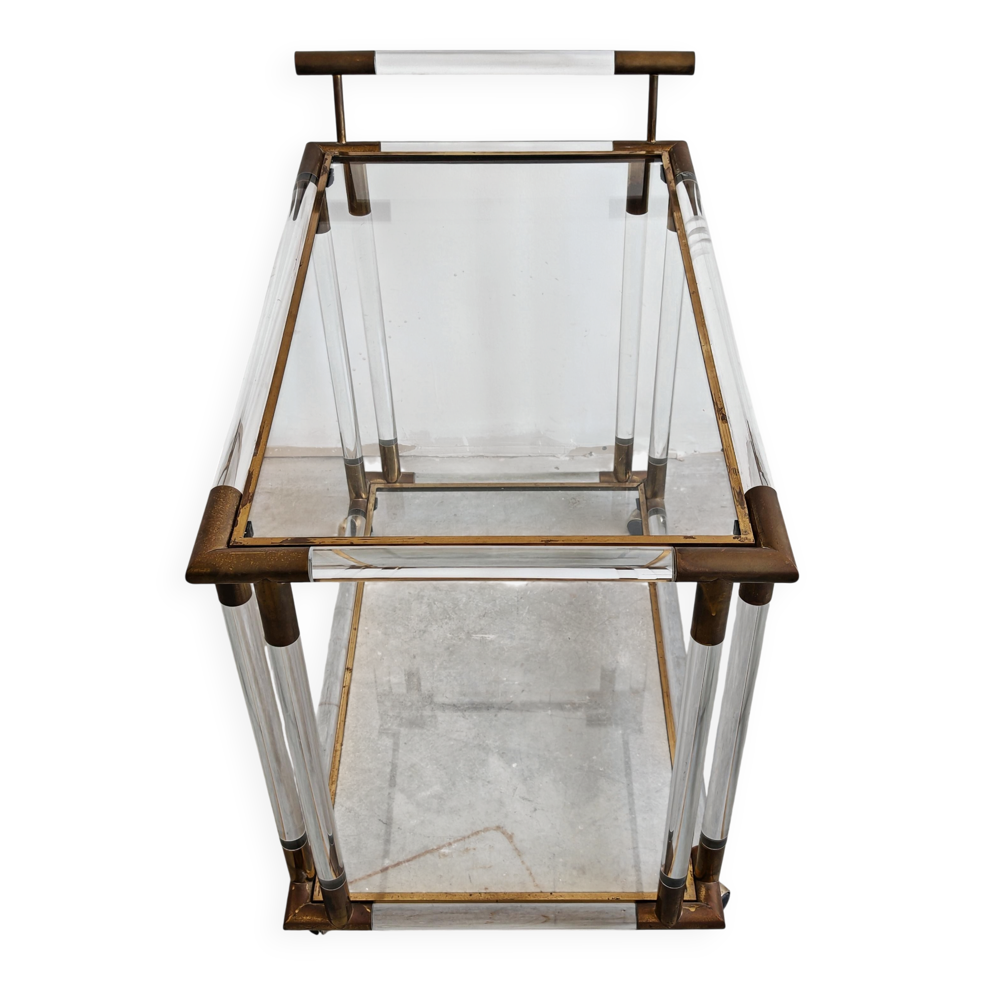 Modern mid-century bar cart in lucite, bronze, and glass, 1970s