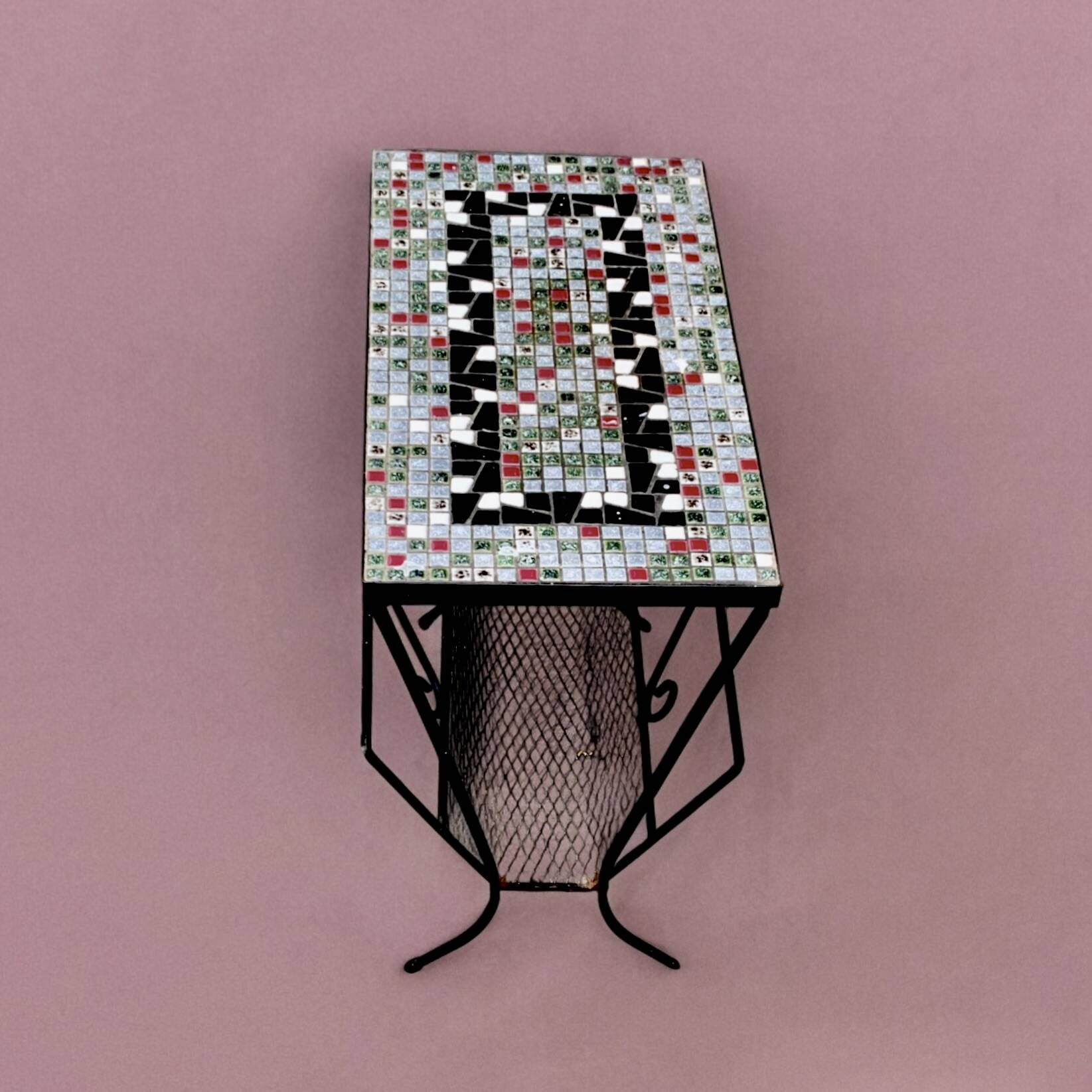 Vintage side table and magazine rack in wrought iron and ceramic tiles