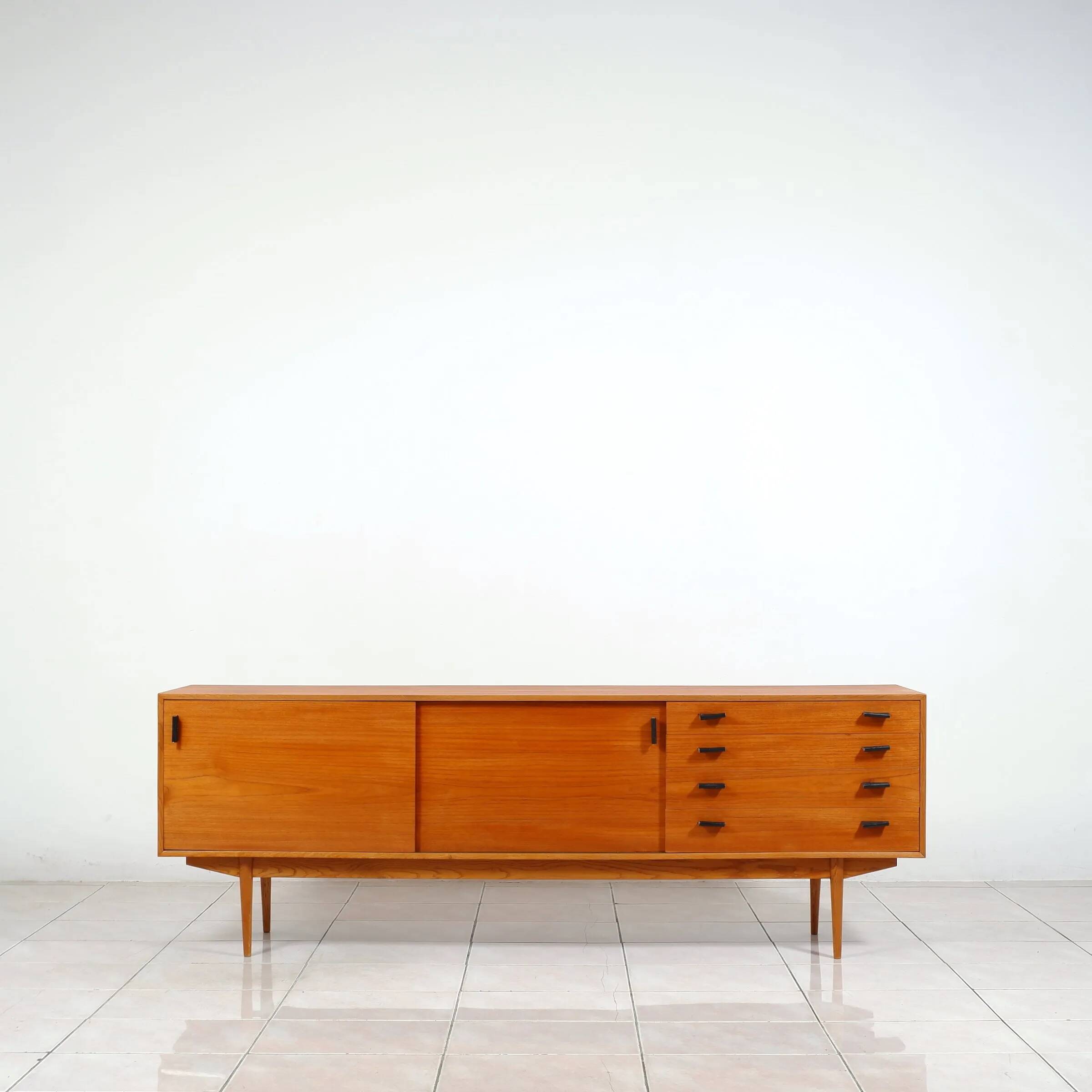 Swedish teak sideboard with leather handles