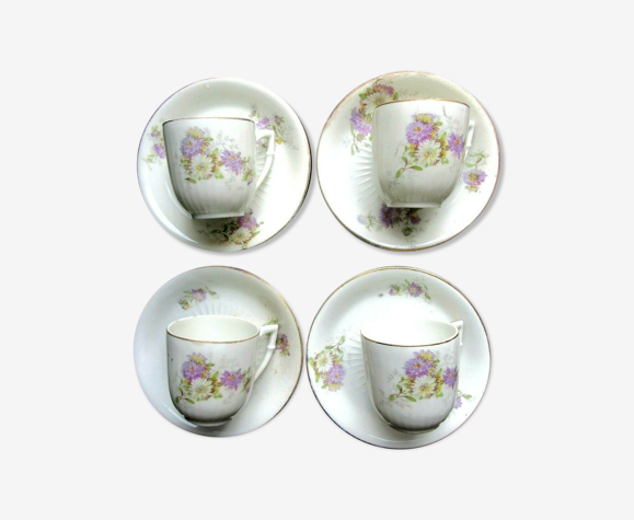 Set de 4 tasses et 4 soucoupes en porcelaine fine de Limoges, décor fleuri