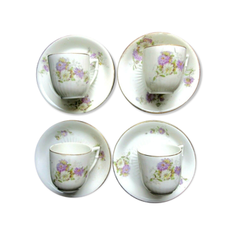 Set de 4 tasses et 4 soucoupes en porcelaine fine de Limoges, décor fleuri