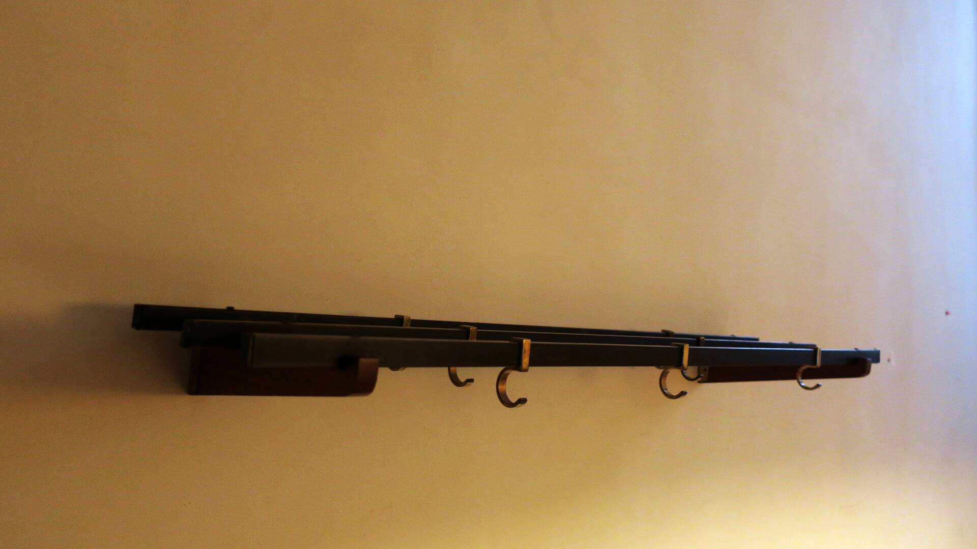 Teak, brass and black metal coat and hat rack, 1960s