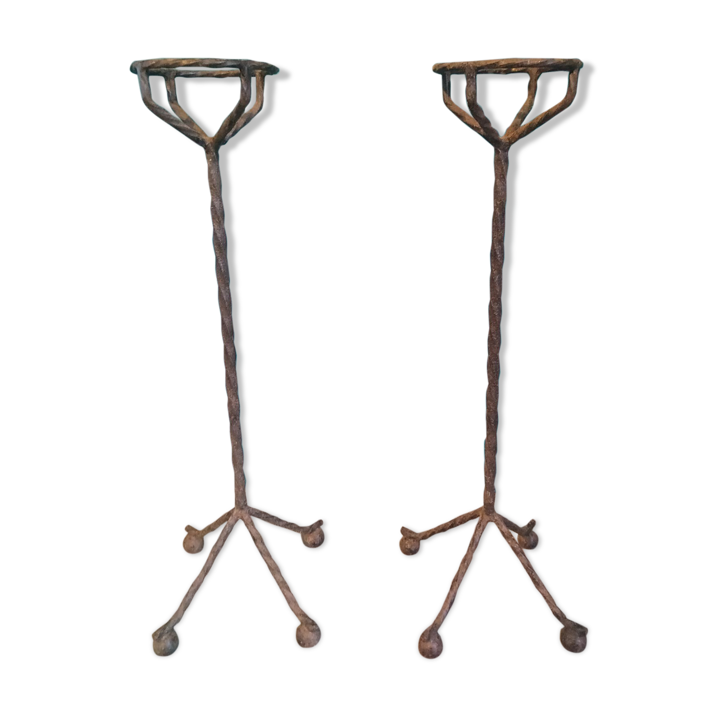 Old pair of wrought iron chimney landiers