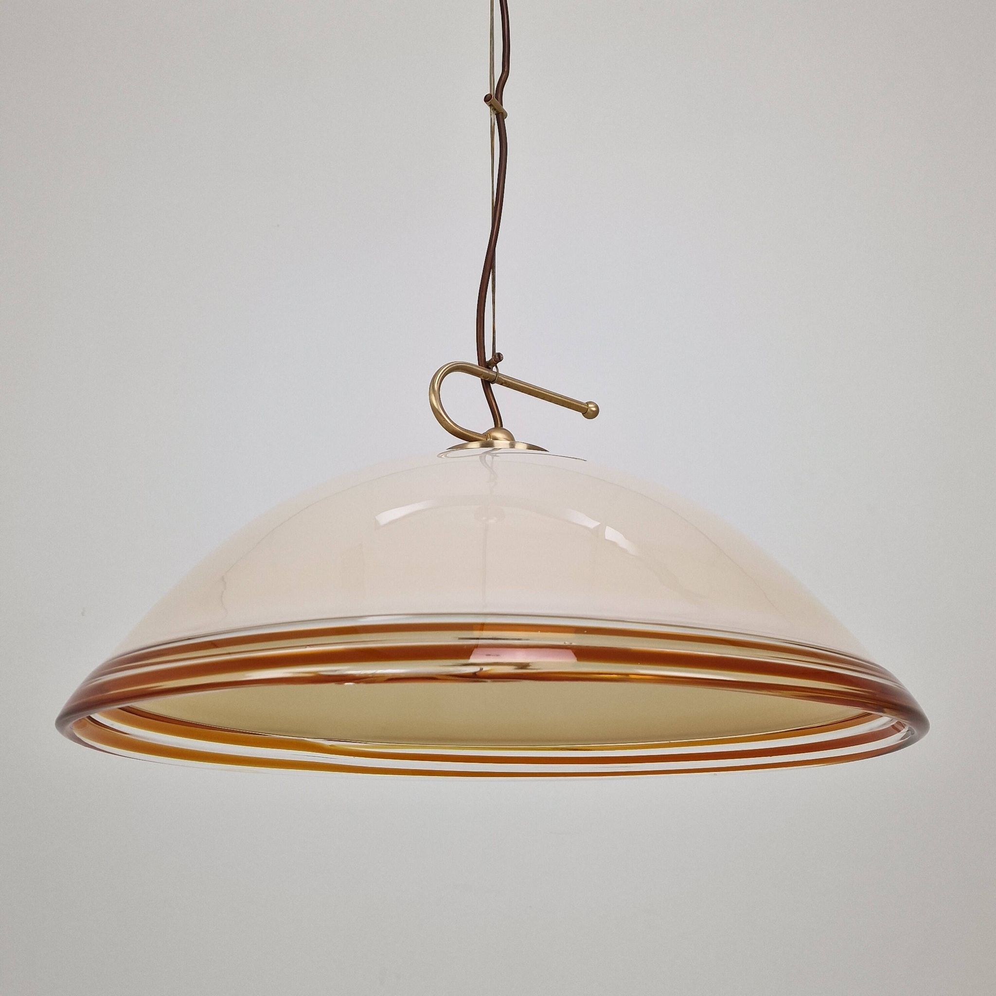 Vetrofond Italian Murano Glass Pendant Light with Brass Fixtures, 1980's