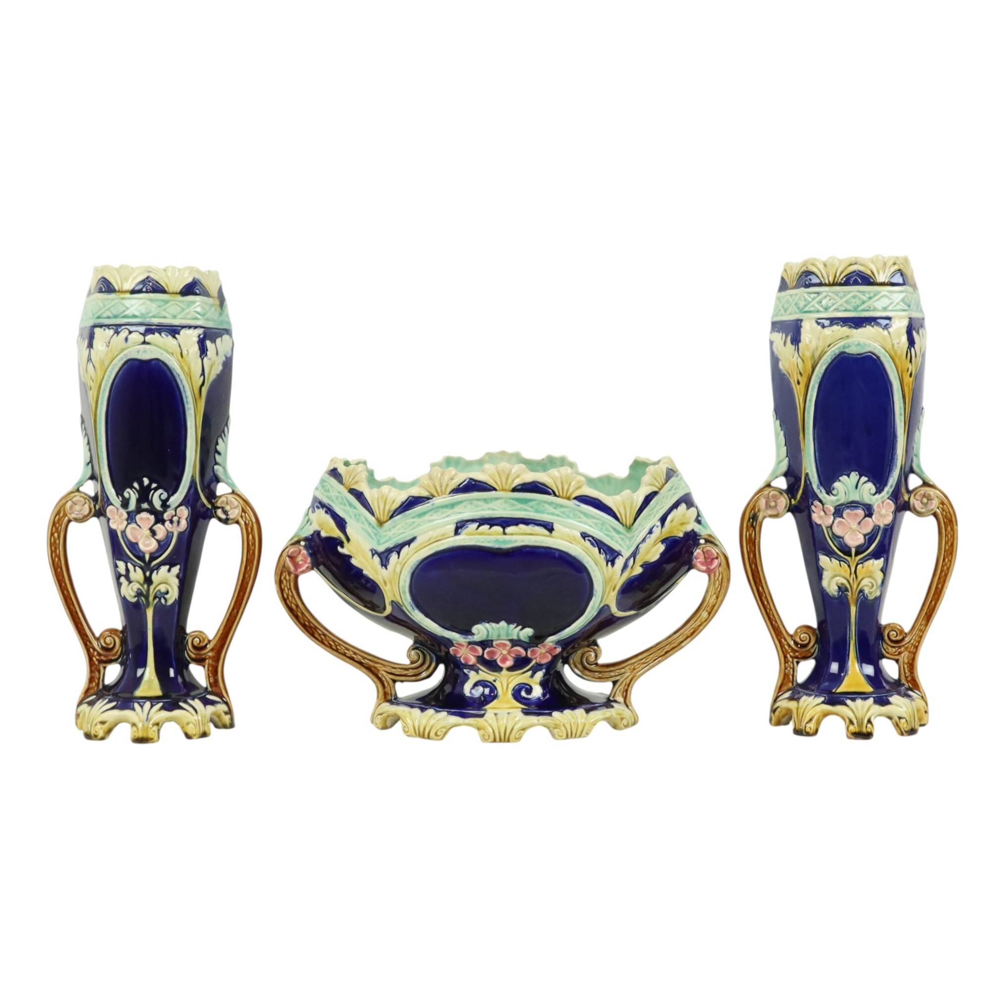 Art Nouveau Barbotine Majolica Vases Jardinière Set of 3
