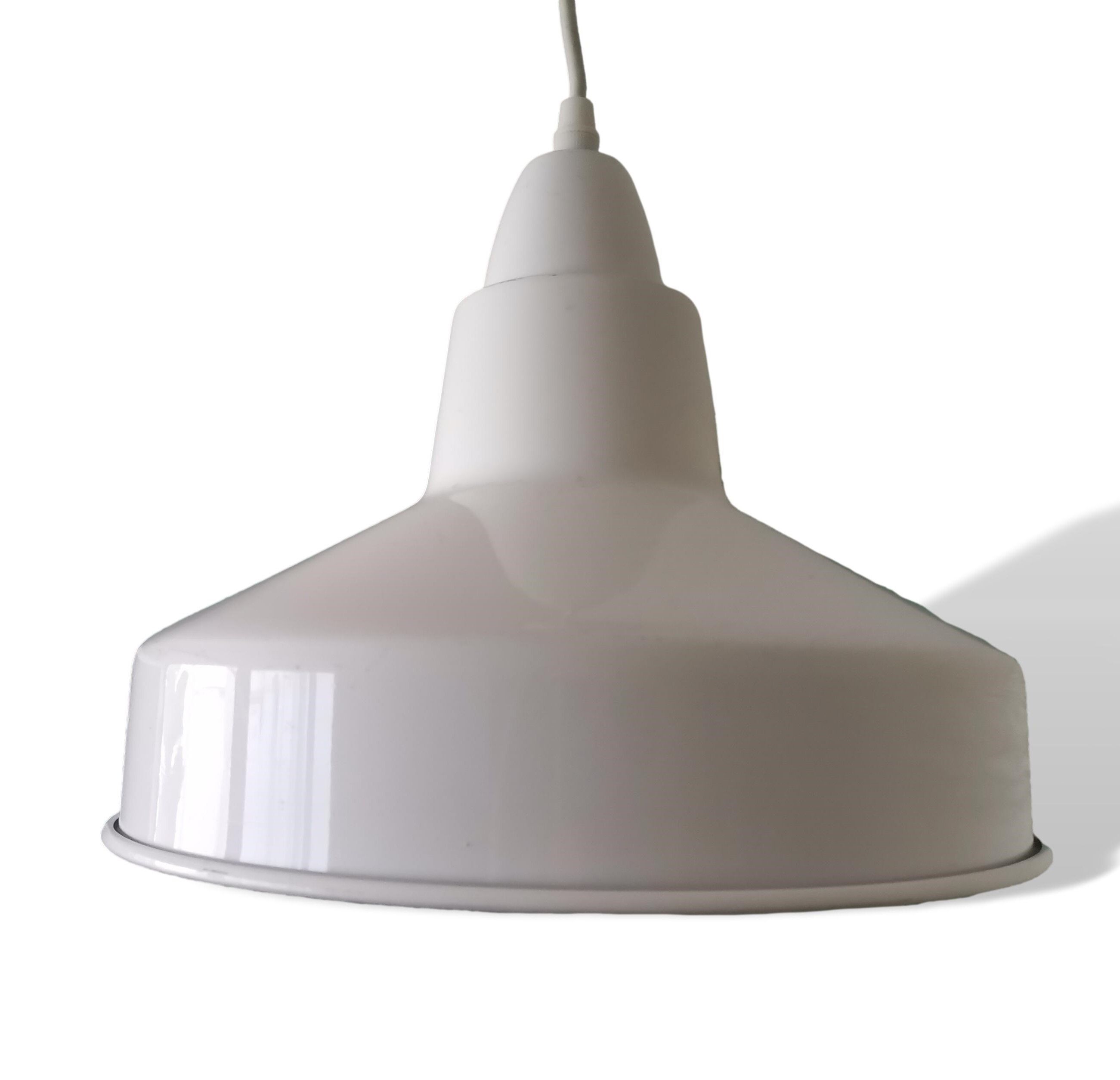 Scandinavian Industrial glossy white aluminium hanging lamp 1980s