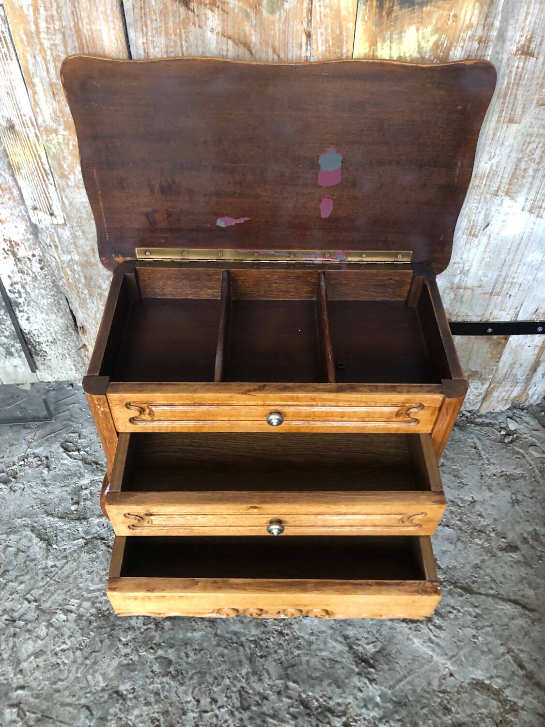 Old worker louis xv style commode vintage wood drawers #a634