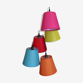 Suspension style "space age", 5 lampshades in different colors
