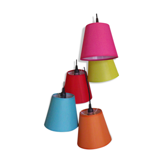 Suspension style "space age", 5 lampshades in different colors