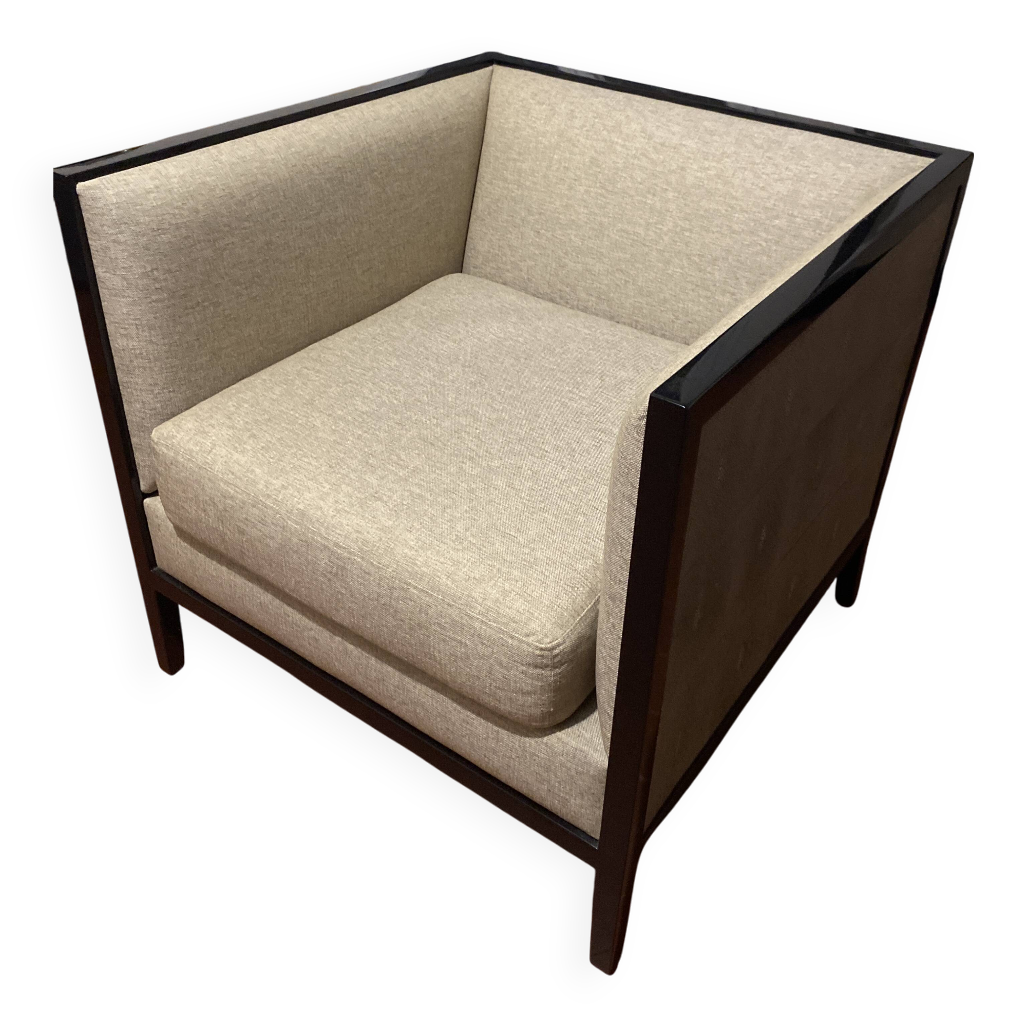 Mahogany and gray fabric armchair