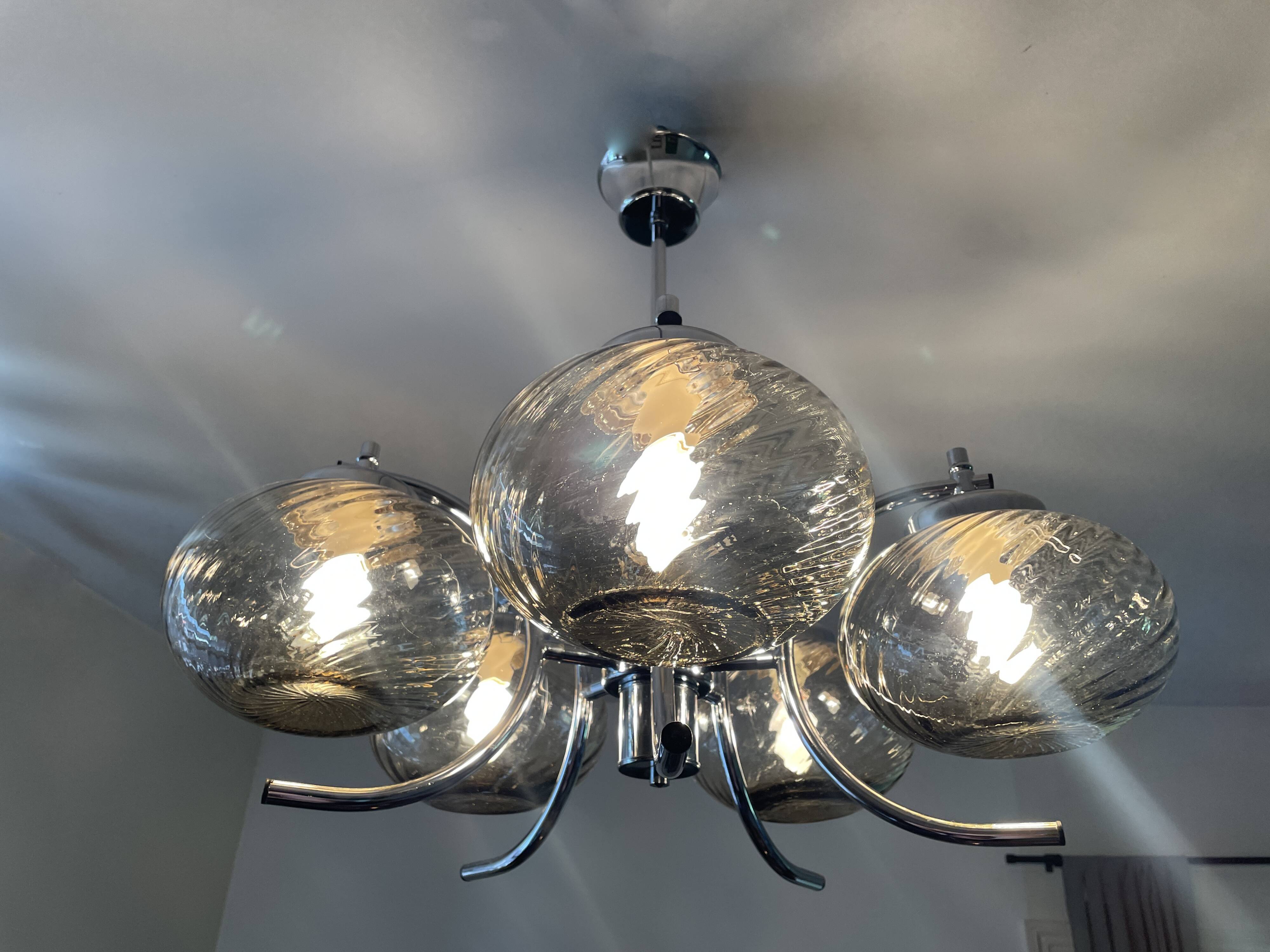 Large chrome and smoked glass chandelier 1970