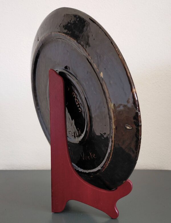 Plat en terre cuite vernissée du Dauphiné vintage Michèle Peyric Décor feuilles