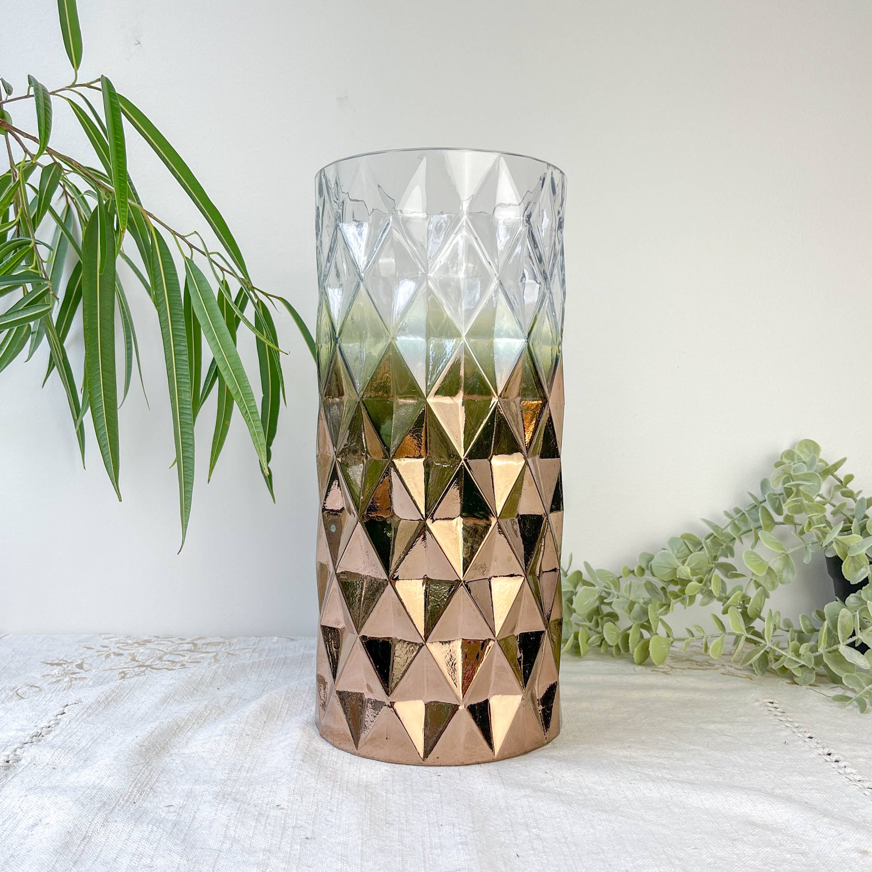 Vintage glass vase with geometric pattern in rose gold gradient