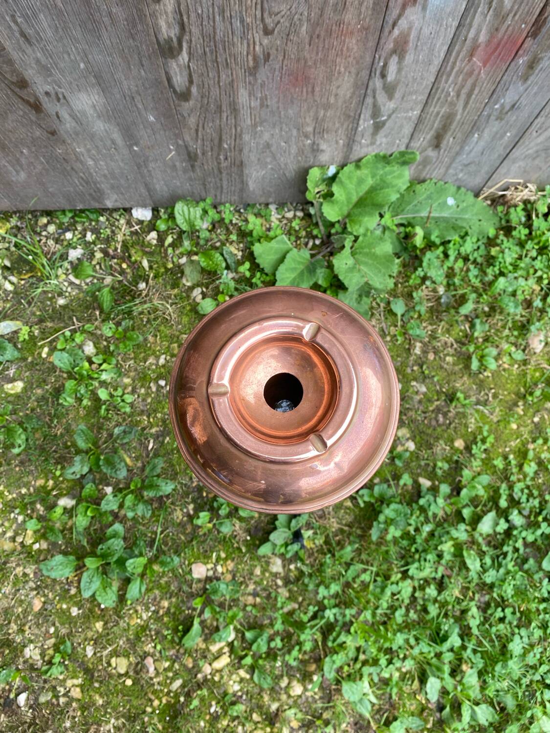 Antique copper ashtray on wrought iron stand twisted black vintage