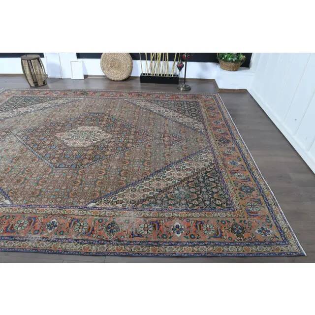 1970s Vintage Persian Handmade Wool Cotton Brown Area Rug 296x380