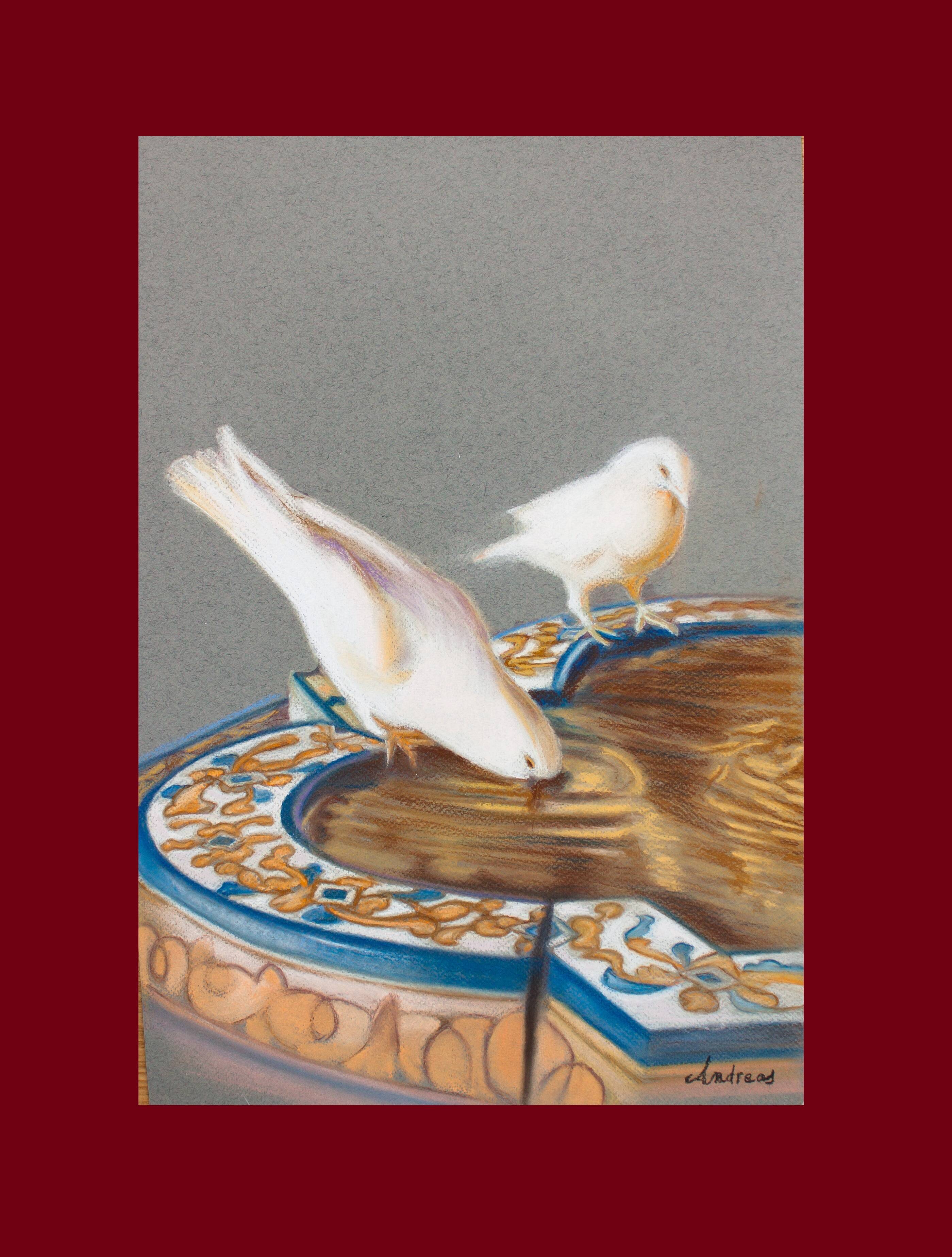 Drawing of pigeons drinking from a fountain. painting of doves. painting of pigeons.