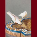 Drawing of pigeons drinking from a fountain. painting of doves. painting of pigeons.