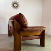 Old 2-seater leather and walnut sofa design 70s Mobil Girgi Mario Marenco vintage Italy