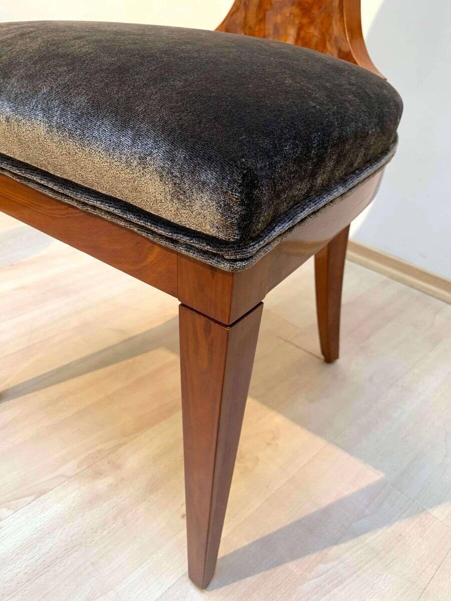 Biedermeier Ballon Chairs, Ash Veneer, Grey Velvet, Vienna, 1900, Set of 4